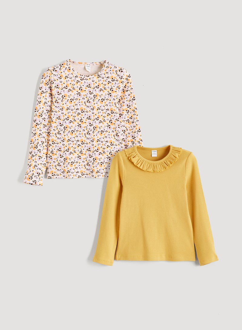 ال سي وايكيكي تيشيرت بناتي كم طويل ساده برقبة دائرية (2 قطعة) - Image 1